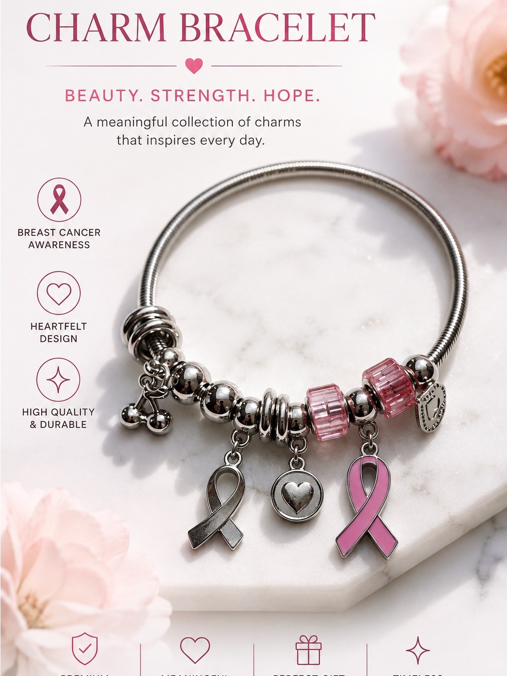 Breast Cancer Awareness Pink Charm Bracelet